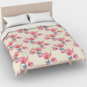 Pink Flowers Duvet Cover, duvet cover king, duvet cover queen, duvet cover twin, Pink and Cream, Comforter Cover, Cotton Duvet Cover