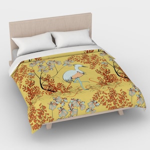 Heron Comforter, Crane Art Nouveau, gold duvet cover queen, crane comforter cover, duvet cover king, duvet cover twin, bird design in gold