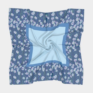 Blue Flowers square, Girlfriend gift idea, Silk square scarf for women, silk head scarf, modern silk scarf, silk scarf for gift, Blue scarf