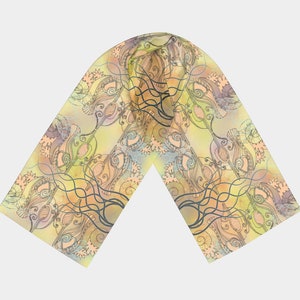Silk long scarf, Art nouveau unique gift, Girlfriend gift idea, for women, yellow long scarf women, printed silk scarf, Art nouveau print