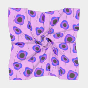Blue and pink flowers silk scarf, square scarf for gift, Silk scarf large, silk scarf for women, Scarf with flowers, Girlfriend gift idea