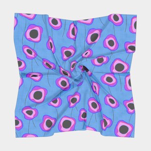 Pink flowers on light blue silk, square scarf for gift, Silk scarf large, silk scarf for women, Scarf with flowers, Girlfriend gift idea