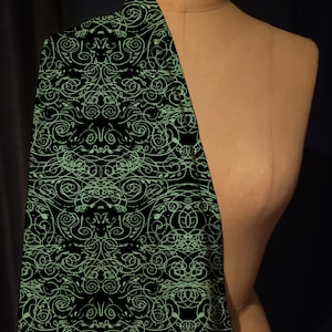 Art nouveau fabric, Fabric by the yard, fashion fabric, quilting fabric, upholstery retro, Boho pattern, swirls fabric, sage green and black