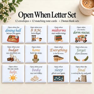 May include: An Open When Letter Set featuring 12 white envelopes with unique text and illustrations, plus 12 matching note cards and 2 bonus blank sets. Each envelope displays specific phrases like Open when the dining hall betrays you again.