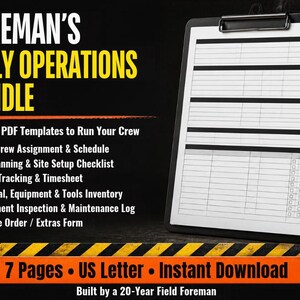 May include: A black clipboard holding a white paper template with grid lines and checkboxes. The text reads: FOREMAN'S DAILY OPERATIONS BUNDLE, 6 Fillable PDF Templates to Run Your Crew, 7 Pages, US Letter, Instant Download, Built by a 20-Year Field Foreman.