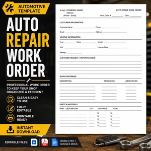 Pode incluir: Um modelo de ordem de serviço para reparo automotivo com seções para informações do cliente, detalhes do veículo, problemas relatados, trabalhos realizados e peças e materiais. O formulário inclui campos para nomes, datas e custos.