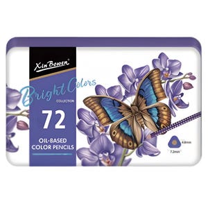 Op de afbeelding: Een rechthoekig metalen blik voor 72 oliegebaseerde kleurpotloden van XinBowen. Het deksel toont een blauwe en bruine vlinder, paarse orchideeën en de tekst "Bright Colors" en "72 OIL-BASED COLOR PENCILS". Een diagram toont een 4,0mm kern en 7,2mm potlood.