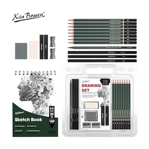 May include: A 19-piece drawing set by Xin Bowen including an A5 sketch book, various graphite and charcoal pencils, two sharpeners, a grey eraser, a white eraser, and two blending stumps. The set is presented in a clear plastic case.
