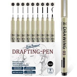 May include: A set of nine beige drafting pens with black caps and clips, featuring various tip sizes labelled 005, 01, 02, 03, 04, 06, 08, 10, and BR. The packaging displays the text Xin Bowen DRAFTING-PEN, 9 PCS, and a line drawing of a person.