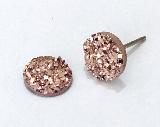 Shiny Rose Gold Druzy Pink Rock Crystal Earrings Piercing stud 8mm Titanium Allergy metal safe jewelry Wedding Day Minimalist gifts for her