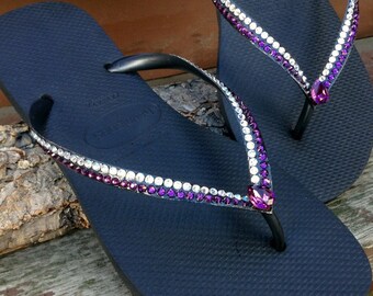 Havaianas Slim flat Flip Flops Custom Purple Amethyst Moonlight Cream w/ Vintage Swarovski Teardrop Rhinestone Bling Wedding Sandals Shoes