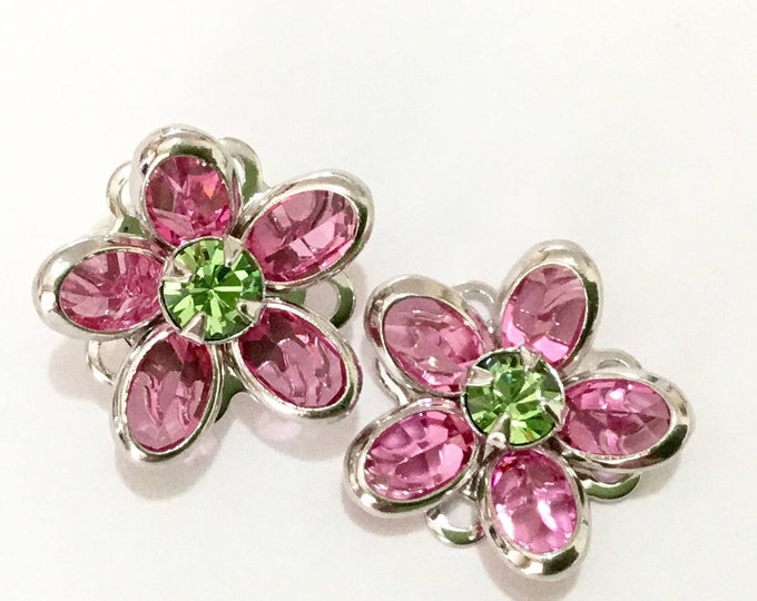 15mm Silver Pink Flower Earring Floral Filigree Vintage Swarovski Crystal Green Peridot Rose Blush Titanium Stainless Post Stud Jewelry Gift