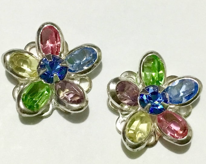 15mm Spring Flower Earrings Vintage Silver Floral Filigree pierced Stud Swarovski Crystal Pastel Rhinestones Hypo Titanium Post Ladies Gifts