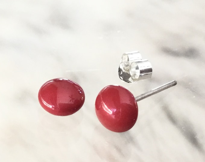 Brick Red Coral Crystal Pearl earrings 6mm stud half dome round Cabochon Silver tone Hypo Titanium Post Jewelry Women Wedding Bride gift