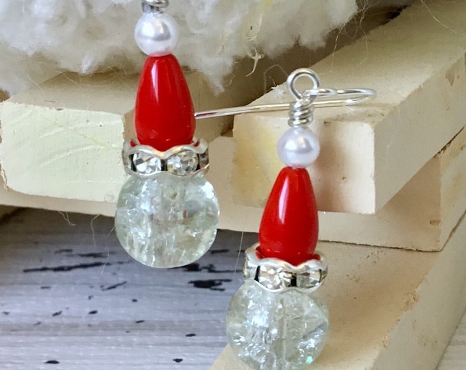 Crystal Santa Hat Elf Earrings Crackle Glass Red Festive Holiday Ornament Christmas Tree Dangle Silver Hypo Titanium Czech Bead Jewelry Gift