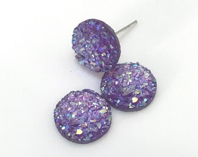 Shiny Violet Purple Druzy Rock Crystal Earrings Piercing stud 10mm Titanium Allergy metal safe jewelry Wedding day Minimalist gifts for her