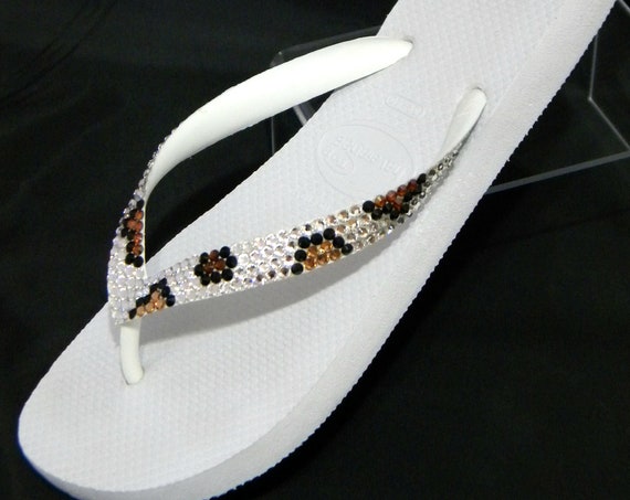Custom Crystal Flip Flops Jungle Leopard print Havaianas flat or Cariris Wedge heels w/ Swarovski Rhinestone jewels Cheetah Thong Beach Shoe
