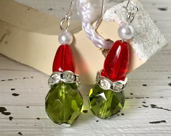 Crystal Santa Hat Earrings Grumpy Green Glass Festive Holiday Ornament Christmas Tree Dangle Silver Titanium Hypo Czech Beads Jewelry Gift