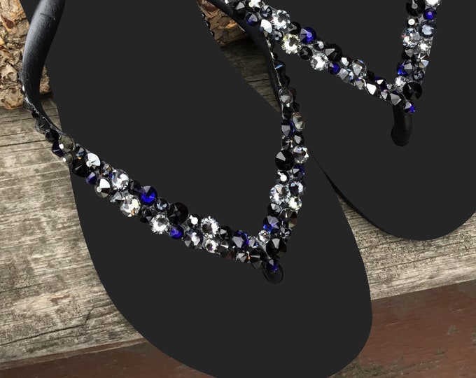 Crystal Flip Flops Black Slim flat Brazil Bling sandals Glass Slippers Beach Glass Jet Blue Handmade Jewelry Thong Rhinestone Wedding Shoes