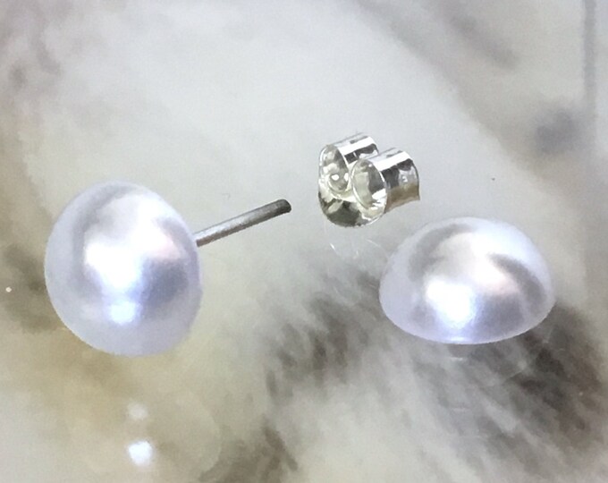 Pure White Pearl earrings Minimalist stud Austrian Crystal Bridal Wedding half dome 8mm Silver tone Hypo Titanium Post Jewelry Ladies gifts