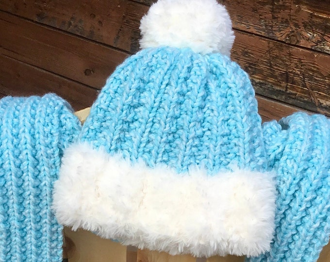 Knit Hat Scarf set Wool Lux Fur Beanie Winter Snow Toque Giant Pom Pom Fibre Art Costume Cap Christmas Holiday Ladies Women Kids Mens Gift