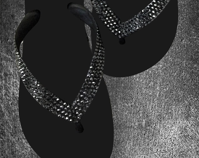 Crystal Flip Flops Black Gray Charcoal wide strap Top flat Brazil Bling sandals Glass Slippers Custom Handmade Jewelry Thong Rhinestone Shoe