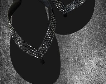 Crystal Flip Flops Black Gray Charcoal wide strap Top flat Brazil Bling sandals Glass Slippers Custom Handmade Jewelry Thong Rhinestone Shoe