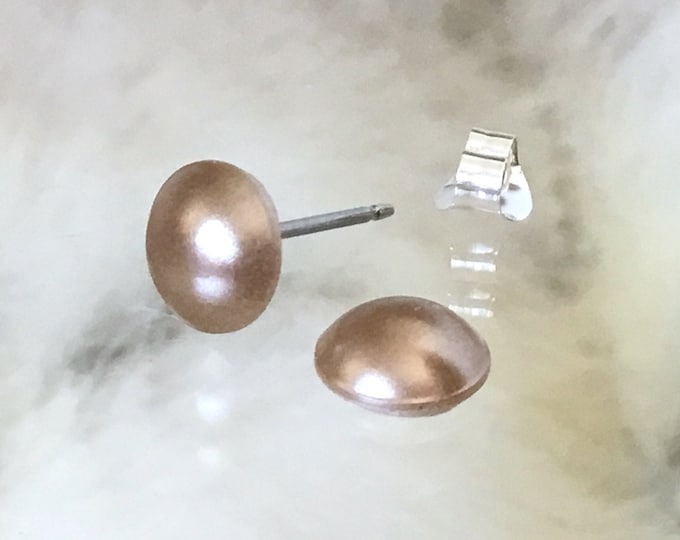 Bronze Pearl earring studs Austrian Crystal Half Dome Butter Gold Antique shade 7mm Silver tone Hypoallergenic Titanium Post Wedding Jewelry