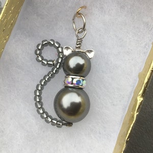 Gray Silver Gold Cat Earrings Pendant Charm Crystal Grey Pearl new Kitten jewelry Stitch Marker Titanium Allergy Trick Treat Costume Gift