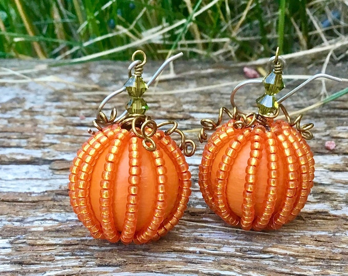 Pumpkin earrings Fall Halloween Wood ball 20mm Orange Bead Olive Dangle Drop Hook Titanium w/ Swarovski Crystal Trick Treat Costume Jewelry