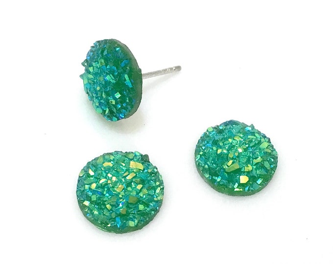 Emerald Green AB Druzy Rock Crystal Earrings Piercing stud St Patricks Day 10mm Titanium Allergy metal safe jewelry Minimalist gifts for her