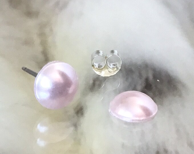 Baby Blush Pink Pearl stud earrings 7mm Crystal Rosaline Rose Petal Half Dome Silver tone Hypo Titanium wedding gift Bridal Jewelry Wedding