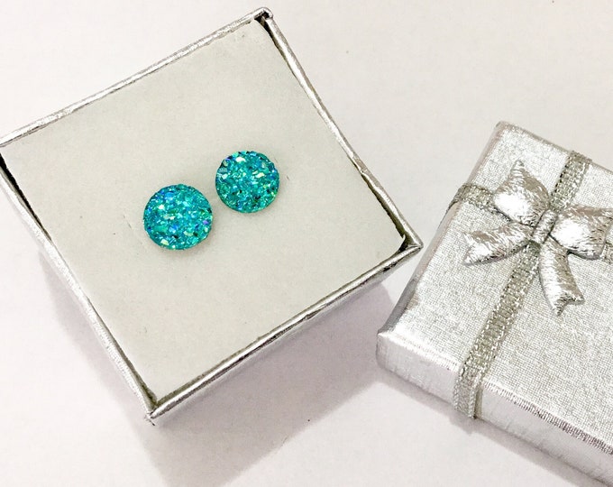 Shiny Aqua Green Blue Druzy Rock Crystal Earrings Piercing stud post 8 10mm Titanium metal safe jewelry Wedding Day Minimalist gift for her