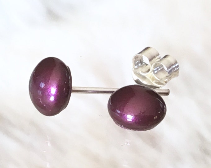 Burgundy Purple Pearl stud Earring Bordeaux 6mm Crystal dome Blackberry Red Wine Maroon Silver tone Hypo Titanium Wedding Jewelry Bride Gift