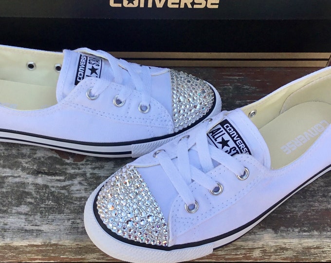 White Leather Converse Slip On Low Top Ballet Lace Wedding Bridal Shoes w/ Swarovski Crystal Chuck Taylor Rhinestone All Bride Star Sneakers