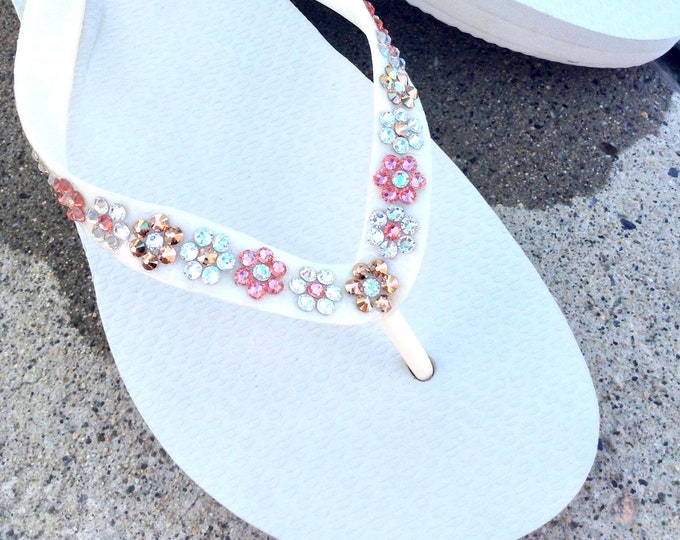 Spring Garden Flower Sandals Wedge Platform Heels 1.5” Crystal Flip Flops Custom Glass Slippers Bling Bridal Rhinestone Beach Wedding Shoes