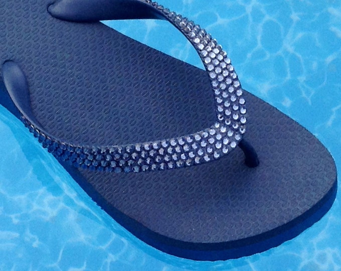 Navy Blue Flip Flops low 1.5 Wedge Platform heel wide strap Brazil Crystal sandal Denim Jean Custom Bling Glass Slipper Beach Bride mom Shoe