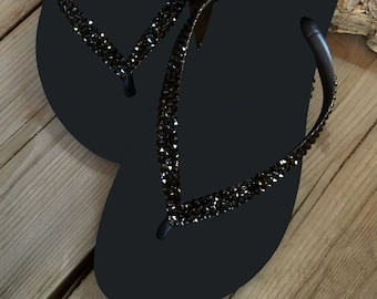 Crystal Slippers Jet Black Slim platte Brazilië Bling sandalen Glazen Slippers Handgemaakte Custom Jewel Summer Beach Thong Strass Trouwschoenen