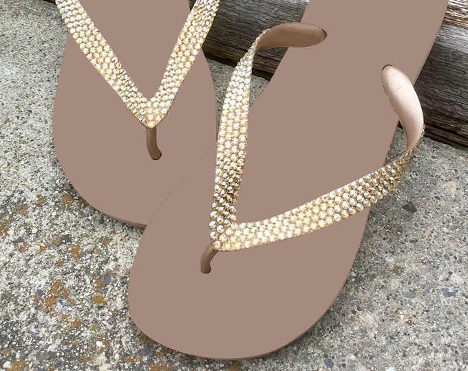 Crystal Flip Flops Rose Gold wide strap Top style flat Brazil Bling sandals Glass Slippers Custom Handmade Jewelry Thong Rhinestone Shoes