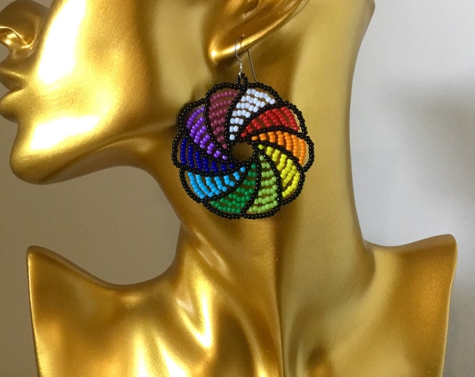 Rainbow Hoops Earrings Pride Pinwheel Round Multicolor Drop EarWires Hook Hypo Titanium Silver Stainless Gold Seed Bead LGBTQ Jewelry Gifts