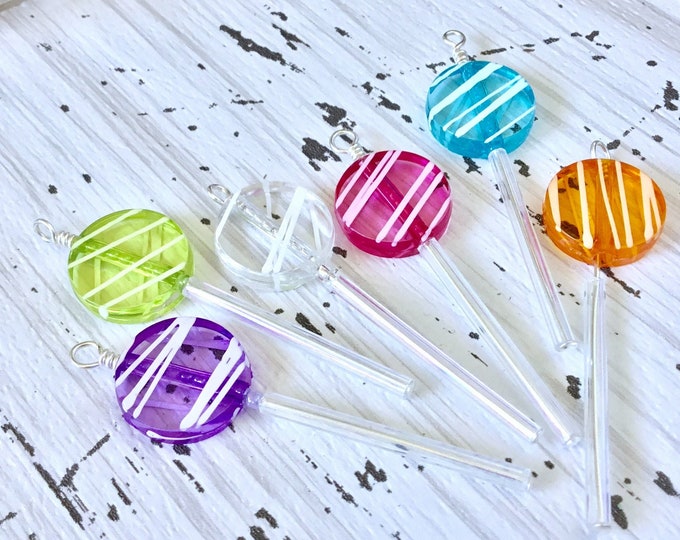 Lollipop Hard Candy Suckers Pendant Charm or Dangle Earring pair novelty sweet treat Silver Titanium Czech Rainbow Jewel Pixie Stick Gift