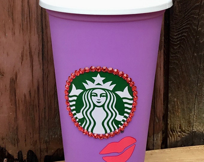 Love Heart Purple Starbucks Cup My Valentine Kiss Pink Lip Tumbler w/ Swarovski Crystal reuse 16 Grande Travel Coffee Tea mug drink Gift