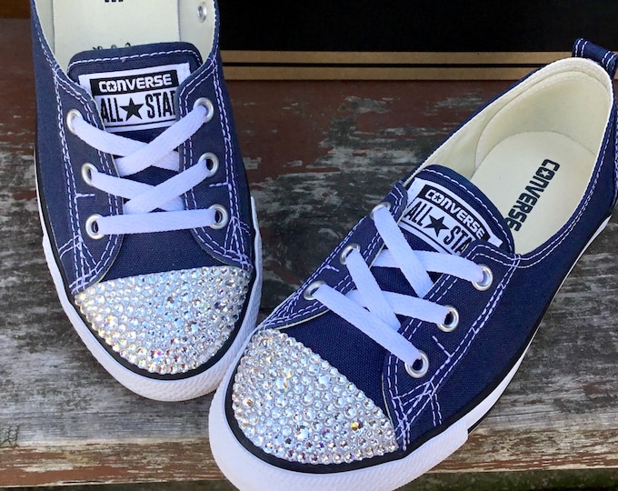 Blue Converse Slip on Navy Ballet Low flat Wedding Lace Bridal flats w/ Swarovski Crystal Chuck Taylor Rhinestones All Star Sneakers Shoes