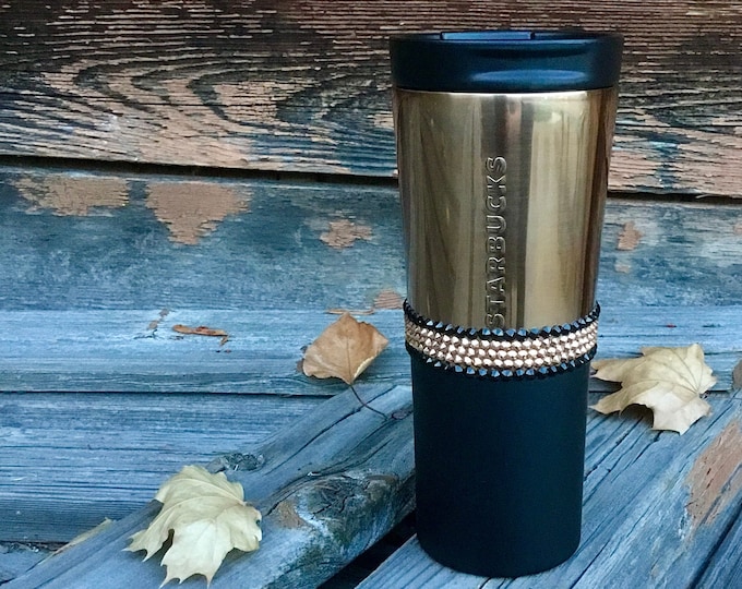 Rose Gold Stainless Steel Starbucks Cup Tumbler Swag w/ Swarovski Copper Crystal 16 oz Grande Holiday Travel Coffee Tea Mug Rhinestone Gift