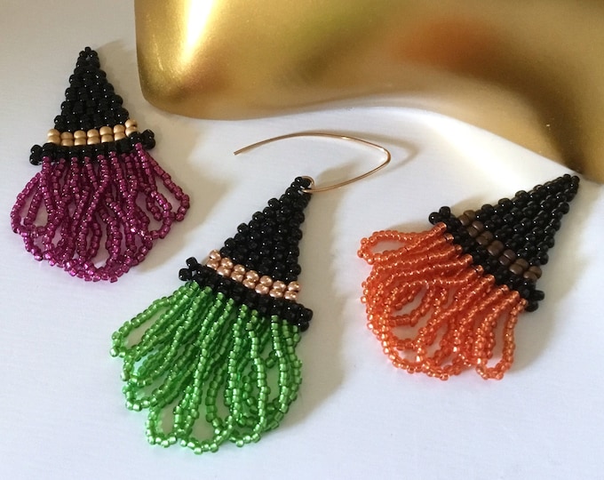 Halloween Witch Cosplay Earrings Pendant Pin Brooch Green Orange Purple Fringe Black Hat Titanium Silver Gold EarHook Seed Bead Jewelry Gift