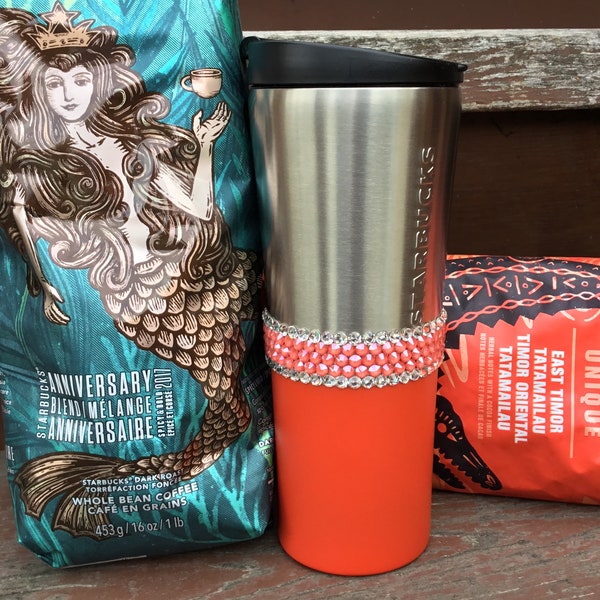 Coral Starbucks Cup Tumbler Stainless Custom w/ Swarovski Crystal 12 oz Tall Salmon Pink Orange Peach Travel Coffee Tea Mug Rhinestone Jewel