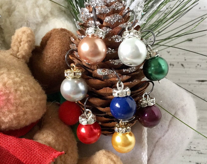 Crystal Pearl Earrings Holiday Ornament Ball Christmas Tree Winter Drop Dangle Silver Gold Titanium Hypo w/ Swarovski Pearls Beads Jewelry