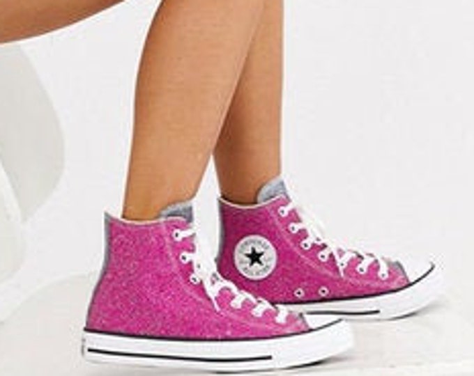 Pink Sparkle Converse Black Silver Glitter High Top Metallic Chuck Taylor Custom w/ Swarovski Crystal Rhinestone Bling All Star Sneaker Shoe