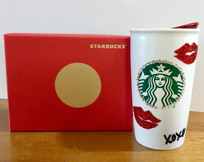 Red Starbucks Cup Swag Valentine Hugs Kisses Love w/ Swarovski Crystal 12oz Tall Ceramic Porcelain Travel Coffee Tea Tumbler Rhinestone Mugs