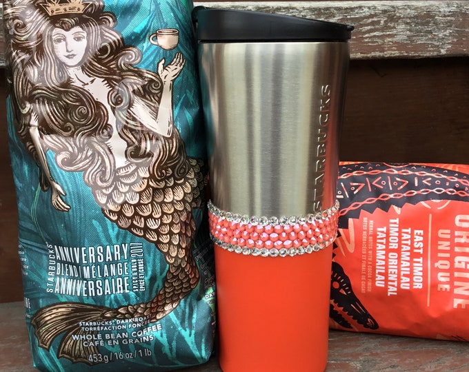 Coral Starbucks Cup Tumbler Stainless Custom w/ Swarovski Crystal 12 oz Tall Salmon Pink Orange Peach Travel Coffee Tea Mug Rhinestone Jewel